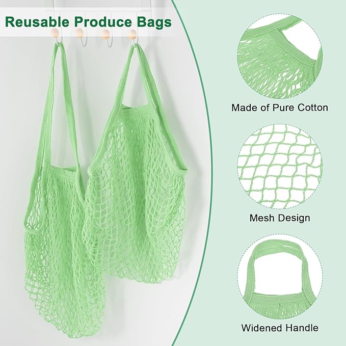 2-Pack Cotton Mesh Bag, Reusable Washable Mesh Net String Grocery Bags, Reusable Produce Bags with Handle, Net Tote Bag for Fruits/Vegetables Shopping [Avocado, Long&Short Handle]