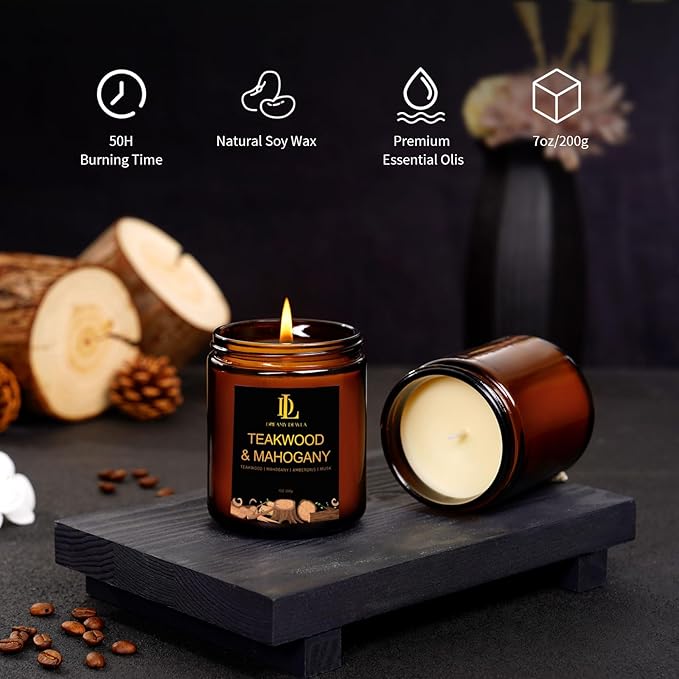 Teakwood & Mahogany Candles, Teakwood Mahogany Scented Candle, Natural Soy Candles for Home Scented, Long Lasting with 50 Hour Burn Time, Gifts for Men Women