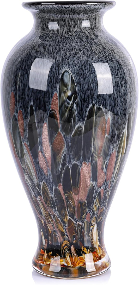 Hand Blown Glass Vase 11.8" Tall Beautiful Amber Blue Sea Wide Mouth Bud Vase for Table Centerpiece, Painted Colorful Murano Glass Flower Vases for - Home Entrance Wedding Center