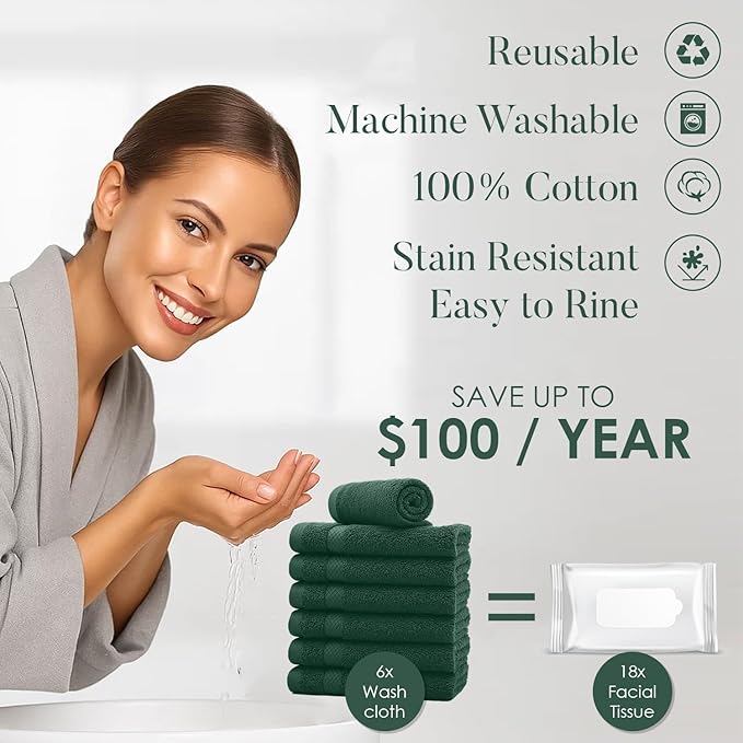 DAN RIVER 12-Pack Premium 100% Cotton Huntergreen Face Towels – Reusable Face Towel Set, Soft & Absorbent Cleaning Rags for Bathroom & Body – Hand and Face Towels, 550 GSM (12x12 in)