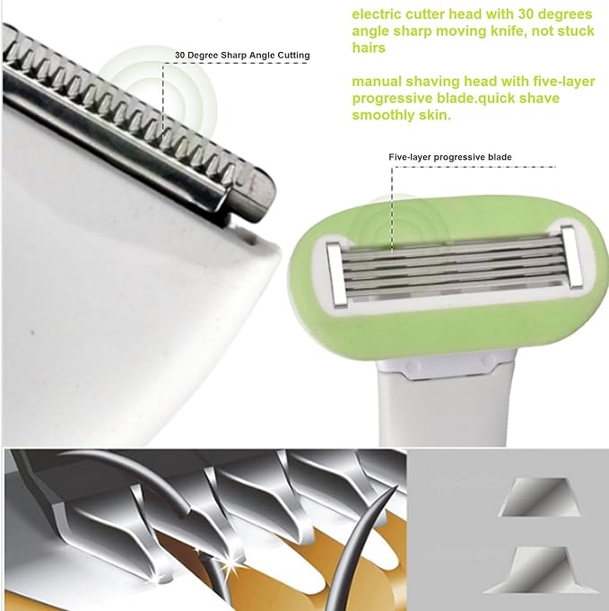 2-in-1 Pubic Hair Trimmer for Women & Men,Electric Bikini Shaver with Thinning Clipper & Manual Safety Razor,Painless Body Haircut Remover for Intimate Area,Armpit,Leg,Battery Operated