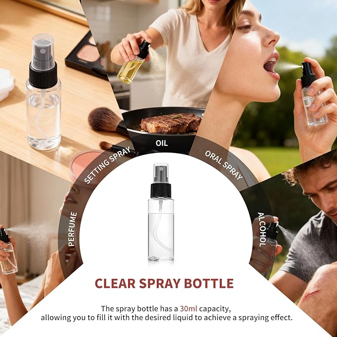 220PCS 30ML Mini Clear Spray Bottles Bulk – Fine Mist Empty Travel Containers with Funnels, Refillable Liquid 1oz Plastic Sprayer for Perfume Essential Oils Toner, Pocket Size Makeup Kit