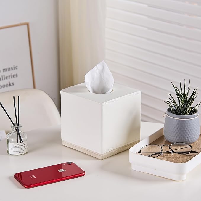 Tissue Box Cover Square Resin Tissue Holder for Home Decor,Hand Carved Beige Leather Cube Tissue Box Holder – 5.5 Inch Heavy Duty Luxury Tissue Box Case for Bathroom, Living Room, Office