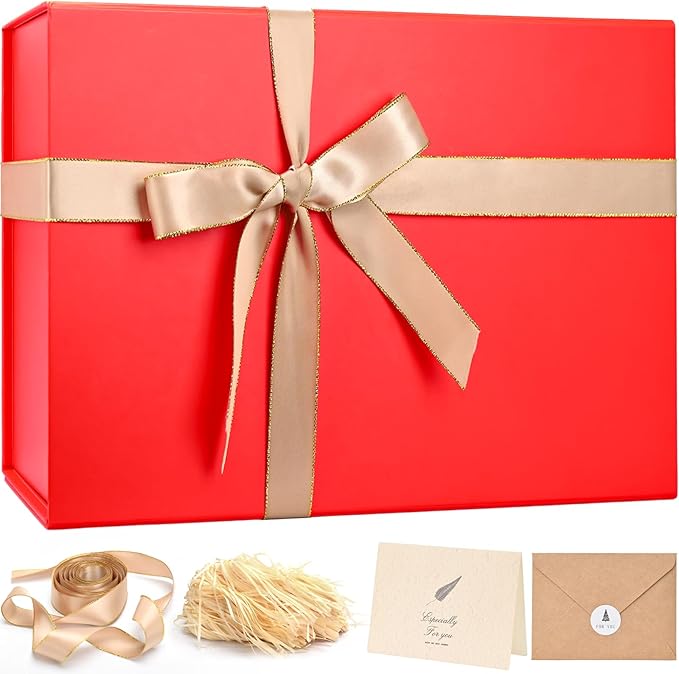 LIFELUM Gift Box 14"x8.5"x4.5" Red Gift Boxes for Presents for Anniversary Wedding Proposal Birthday Gift boxes with Lids Shredded Filler Card Ribbon