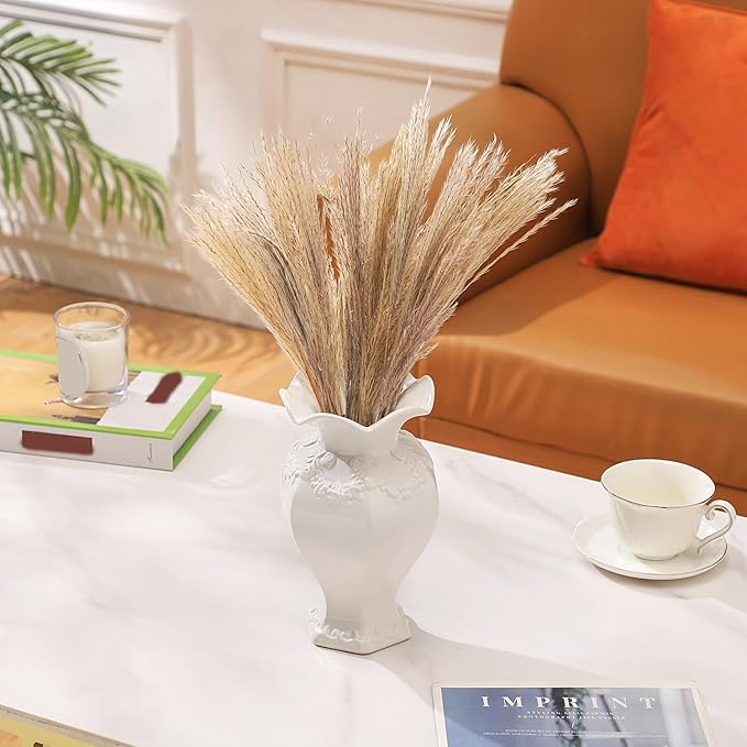 White Ceramic Vase, Decorative Vases for Modern Home Decor, Farmhouse Minimalist Decor, Boho Flower Vases for Living Room, Bedroom, Kitchen, Dining Table, Office, Wedding, 8.5 Inches