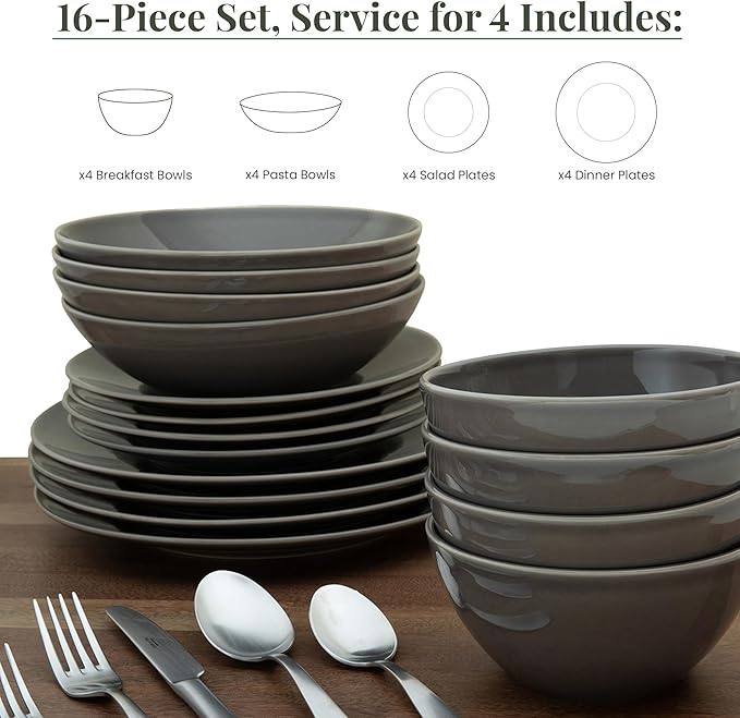 Larder & Vine Ceramic Stoneware Dinnerware 16-Piece Set, 4 Place Settings (French Gray)