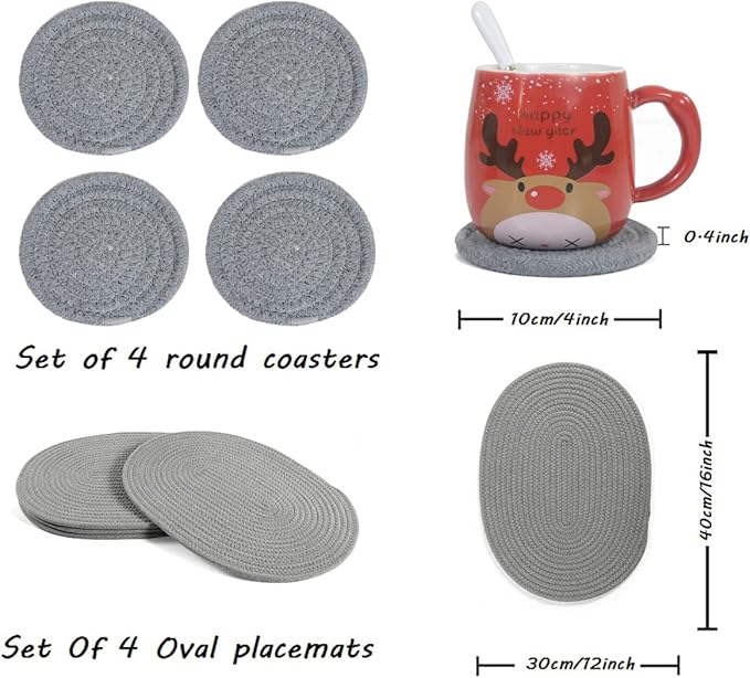 4 Pack Oval Woven Placemats, Gray Cotton Rope Braided Placemats with 4 Pack Round Fabric Coasters, Heat-Resistant Non-Slip Cotton Table Mats Charger Plates for Table Decoration (Gray)