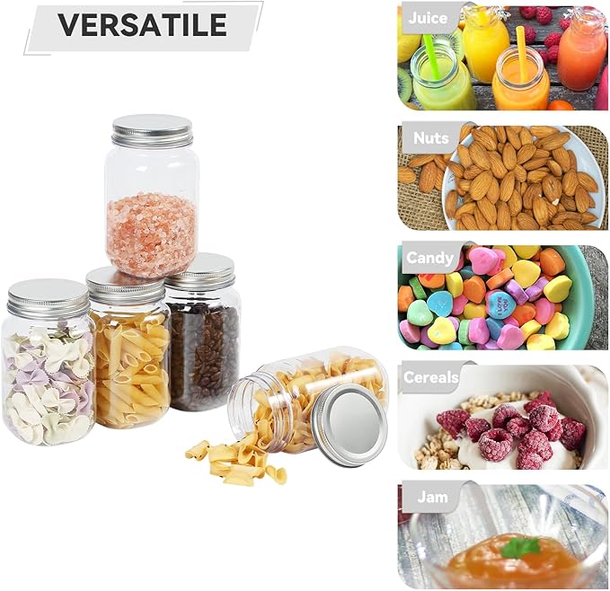 novelinks 16 oz Clear Plastic Jars with Screw-On Lids - BPA-Free Refillable Storage Containers for Slime, Food, Crafts, Kitchen & Household Use (15 Pack,Silver)