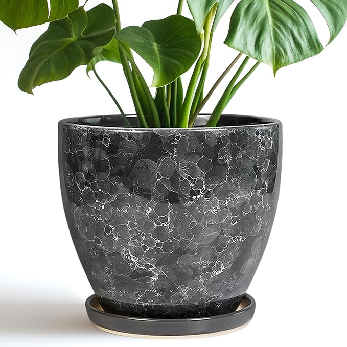 Ceraimc Planter - 8 Inch Plant Pot for Indoor Outdoor Plants, Decorative Round Planters, Flower Pot with Drainage and Saucer, Garden Porch House Room Decor, Plant Lover Gifts, Grey