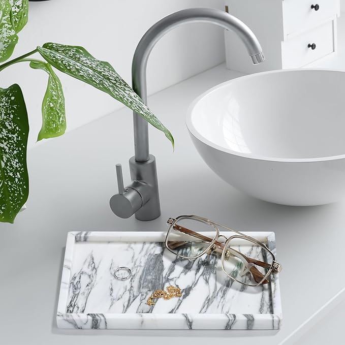 Amauto Natural Marble Vanity Tray Genuine Stone Storage Tray Real Luxurious for Home Decor Bathroom/Vanity/Dresser Non-Resin/Non-Ceramic (Arabescato Calacatta)