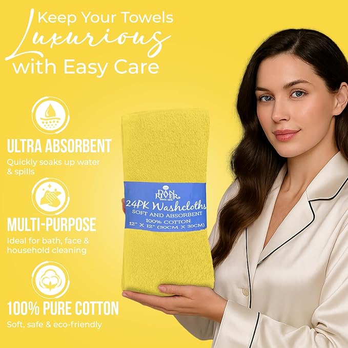 DAN RIVER 100% Cotton Wash Cloths 24 Pack [12x12] Soft & Absorbent Bath Cloths, Gym, Hotels & Spa Perfect for Everyday Use Fingertip Towels, Yellow
