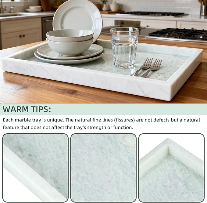 Yew & Tulip Natural Marble Vanity Tray, Luxury Stone with Light Green Textures Serving Tray for Bathroom, Kitchen, Vanity, Home Decor, Wedding etc. (12" x 8" x 1.2")