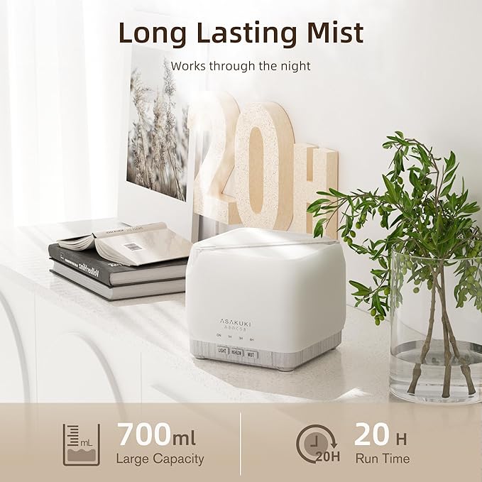 ASAKUKI 700 ml Premium Essential Oil Diffuser, 5 in 1 Ultrasonic Aromatherapy Fragrant Oil Vaporizer Humidifier, Timer and Auto-Off Safety Switch, 7 LED Light Colors
