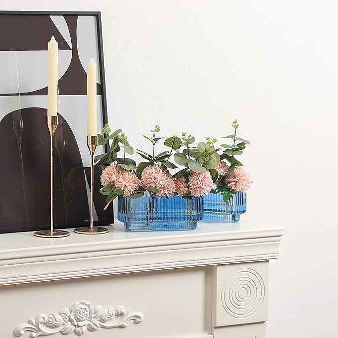 Ribbed Glass Vases, Small Vases for Flowers Set of 2, Blue Glass Vases, Vases for Centerpieces, Bud Vases, Rectangle Vases for Living Room, Bedroom, Kitchen, Dining Table, Shelf, Wedding