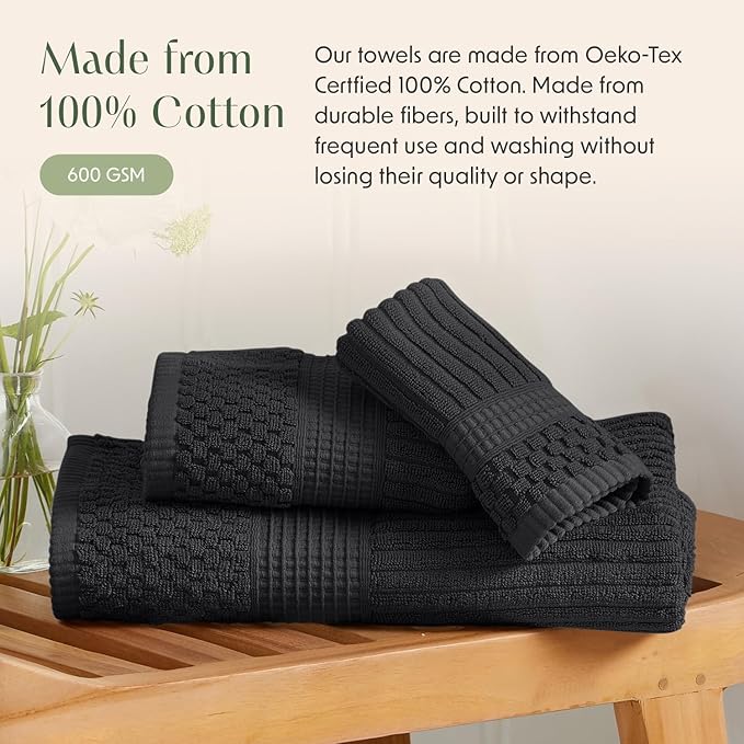 Springtree Home 100% Cotton Bath Towel Set | 6 Piece Set | Absorbent & Quick-Dry Bath Towels | Textured and Durable Cotton | Krista Collection - Black Ink
