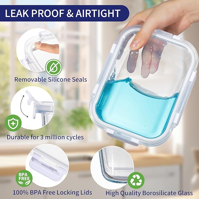 MFY 5-Pack 36 OZ Glass Storage Containers with Lids, Glass Meal Prep Containers 2 Compartment Set, Airtight Lunch Containers with Lids, Microwave, Oven, Freezer and Dishwasher Safe, White