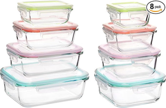 Vtopmart 8 Pack Glass Food Storage Containers with Airtight Lids, Glass Meal Prep Containers, Lunch Containers for Microwave, Oven, Freezer and Dishwasher, BPA Free
