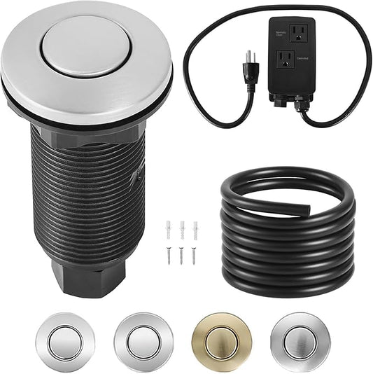 VEVOR Garbage Disposal Air Switch Kit, Dual Outlet Sink Top Air Switch for Food Waste Disposal, 3.5-inch Long Brushed Silver Stainless Steel ON/OFF Air Button for Granite, Marble, Quartz Countertops