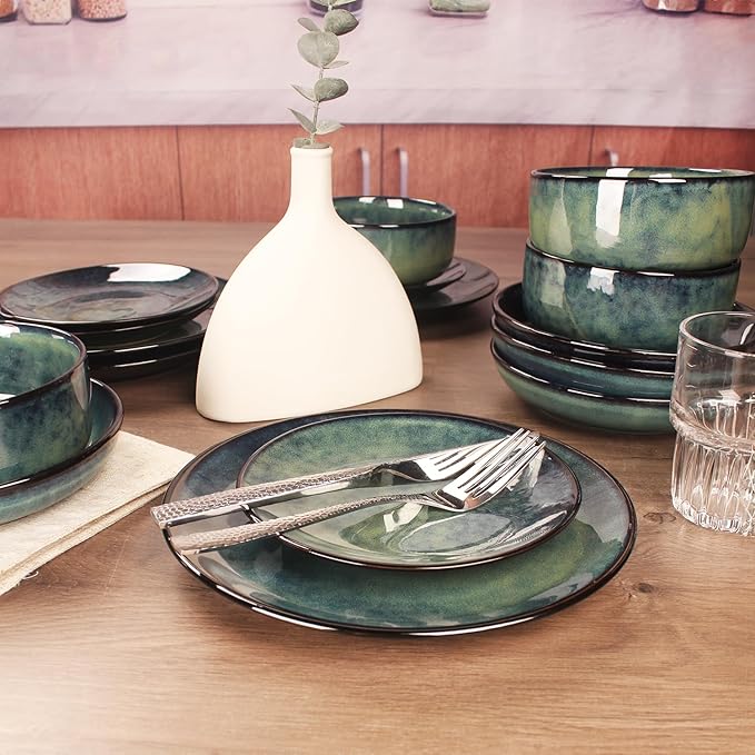Ceramic Dinnerware (16 pcs) Serve 4 people, Plates and Bowls Sets, Reactive Glaze Dishes Set, Chip Resistant and Scratch Resistant, Dishwasher Microwave Safe, Suitable for dinner, parties