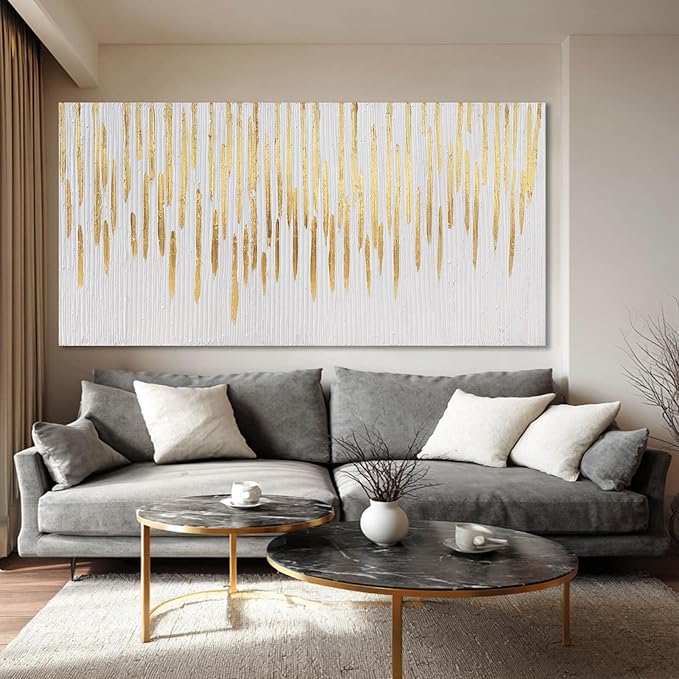 YJYart Gold Wall Decor Abstract Wall Art for Living Room White Canvas Pictures Artwork for Gallery Hotel 24"x48"