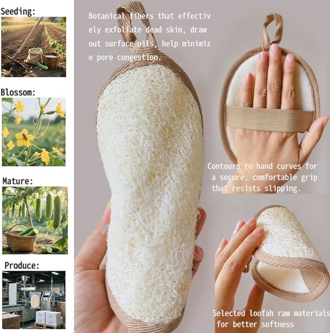 Natural Loofah Bath Sponge Set of 2,Exfoliating Body Scrubber for Shower & Bath,Eco-Friendly & Reusable Spa Gift Set for Men and Women, Large Size 7.1"x5.1" Oval (White and Brown)