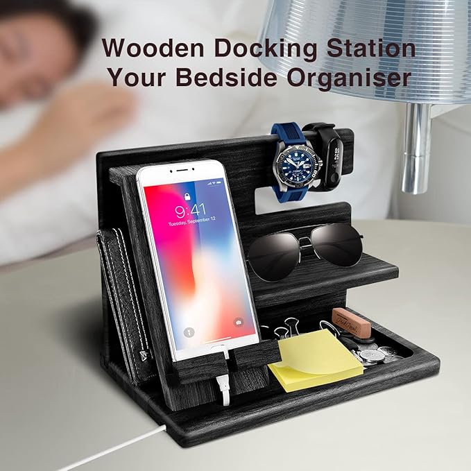 Gifts for Men Christmas, Wood Phone Docking Station, Mens Gifts for Birthday or Gifts for Dad Fathers Day, Desk Workspace Organizer Nightstand Organizer Key for Wallet & Watch Holder Husband Christmas