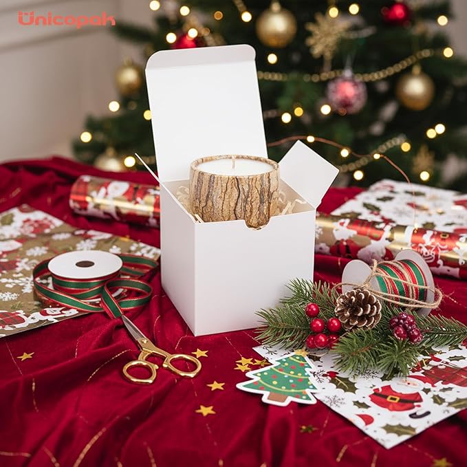 UnicoPak 50 Pack 4x4x4 White Gift Boxes, Elegant Small Gift Boxes with Lids for Birthday Wedding Holiday Christmas, Gift Box for Ornaments Treats Candle Mug Crafting