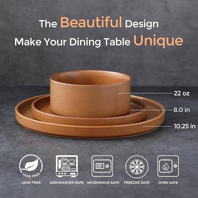 LERATIO Ceramic Dinnerware Sets for 4, High Edge Stoneware Plates and Bowls Set, Chip and Crack Resistant | Oven & Dishwasher & Microwave Safe Dishes Set, Service for 4 -Caramel