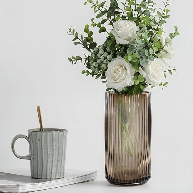 Thick Amber Glass Vase for Flowers, 10 Inch Tall Ribbed Flower Vase for Bouquet, Countertop, Bathroom Vanity, Living Room Decorative Vases for Flowers, Kitchen Shelf, Dining Table, Entryway