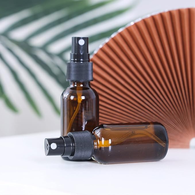 2oz Glass Spray Bottle, Fine Mist Boston Glass Bottles with Black Fine Mist Sprayer Small Clear Bottles for Essential Oils, Bath, Beauty, Hair & Cleaning, Amber, Pack of 48