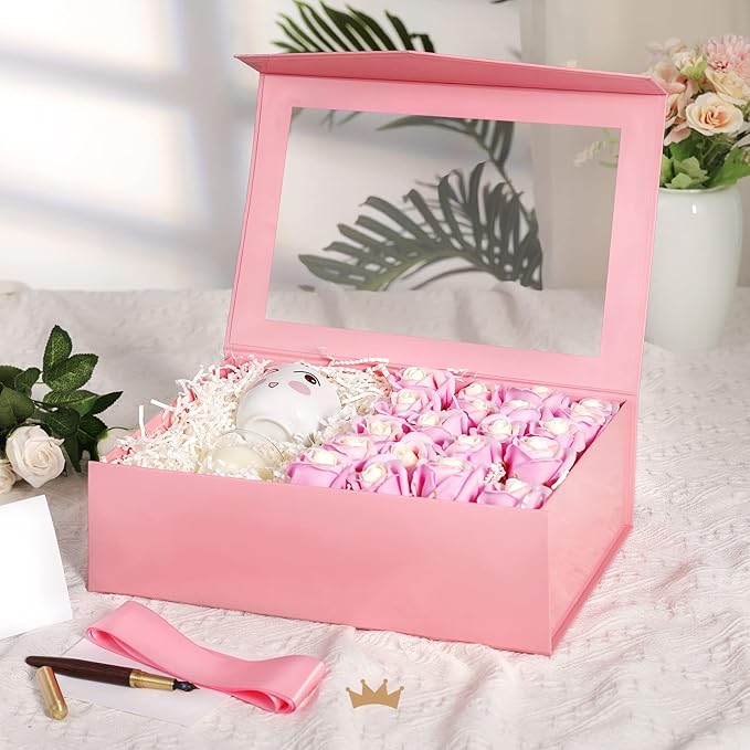 PACKQUEEN 5 Large Pink Gift Boxes with Windows, 13.5x9x4.1 Inches Easter Gift Boxes for Presents Contain Ribbons, Cards, Bridesmaid Proposal Boxes, Mothers Day Boxes with Magnetic Lids (Glossy Pink)