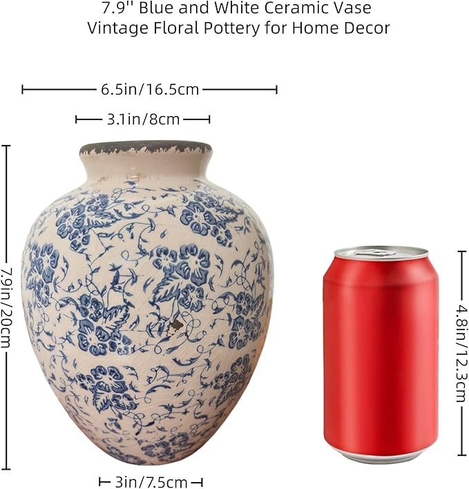 Vintage Blue and White Floral Ceramic Vase – Round Pottery Terracotta Jar for Home Decor, Rustic Farmhouse Boho Table Centerpiece, Fresh or Dried Flower Holder, 7.9 Inch Decorative Accent