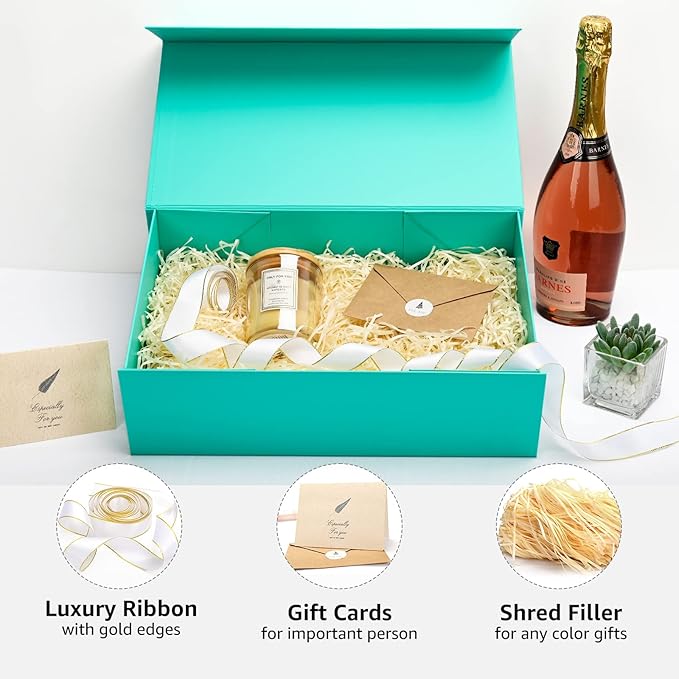 LIFELUM Green Blue Gift Box 13.85 x 8.35 x 4.45 inch, 1 Pack Big Gift Box with Magnetic Lid for Presents, Bridesmaid Proposal Boxes Contains Ribbon, Card,Shredded Paper Filler