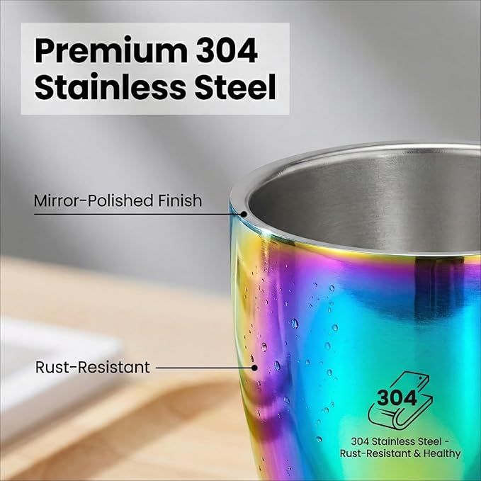TIAKO 2-Pack Double Wall Stainless Steel Insulated Cups, 8.8oz (260ml), Hot & Cold Drinkware for Travel, Office, Home – Sweat-Proof, Durable, Mirror Polished Finish (Rainbow)