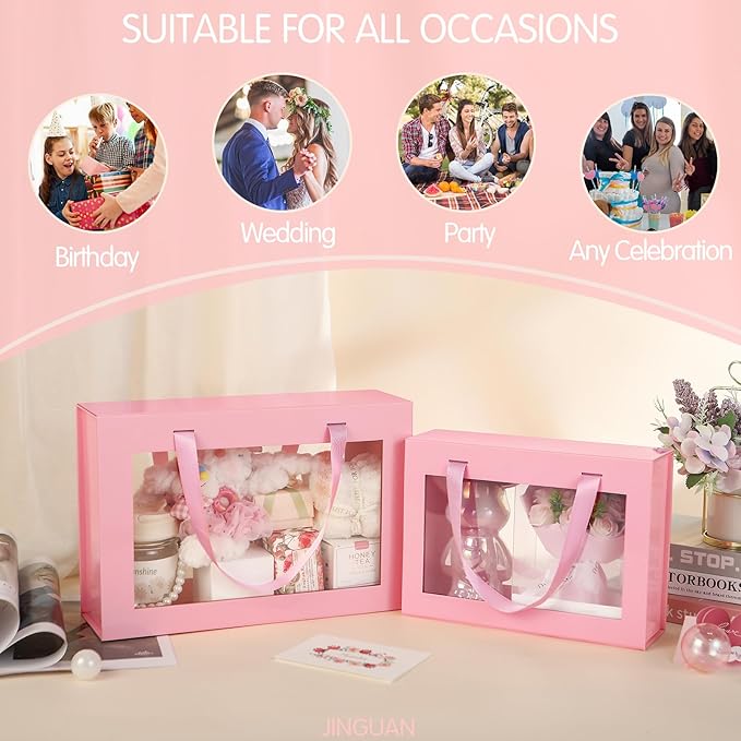 Large Pink Clear Gift Box, 13.5x9x4.1 Inches Gift Box with Window by Handle, Bridesmaid Proposal Box, Collapsible Gift Box with Magnetic Closure (Glossy Pink, 1 Pack)