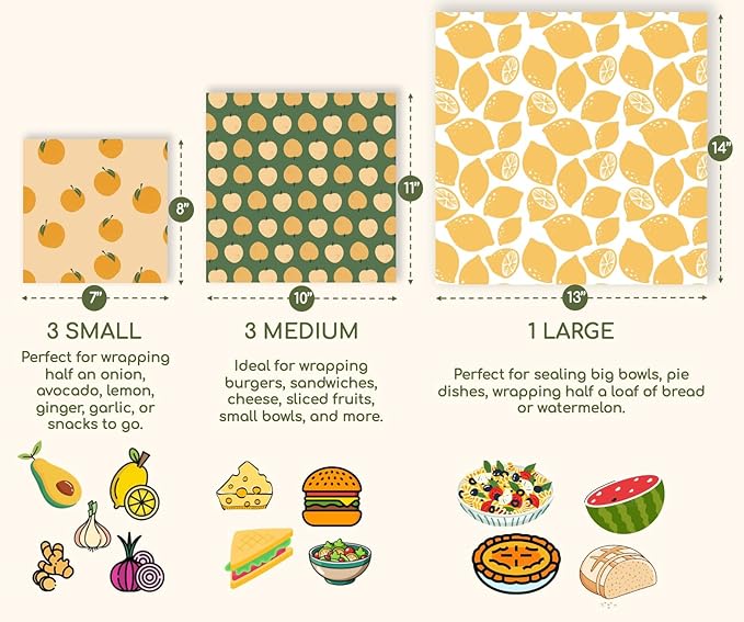 Truebee Reusable Beeswax Food Wraps 7-Pack Summer Orchard – Non Toxic, Plastic Free, Silicone Free, Sustainable, Environmentally Friendly, Organic Cotton Beeswax Wraps (S, M, L)