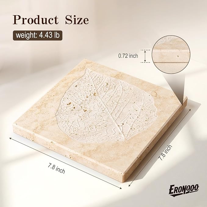 Marble Leaf Embossed Tray, Natural Golden Travertine Vanity Decorative Marble Tray for Bathroom, Jewelry, Kitchen and Desktop, Decorative Stone Pallet for Cosmetics, Perfume and Home Decor
