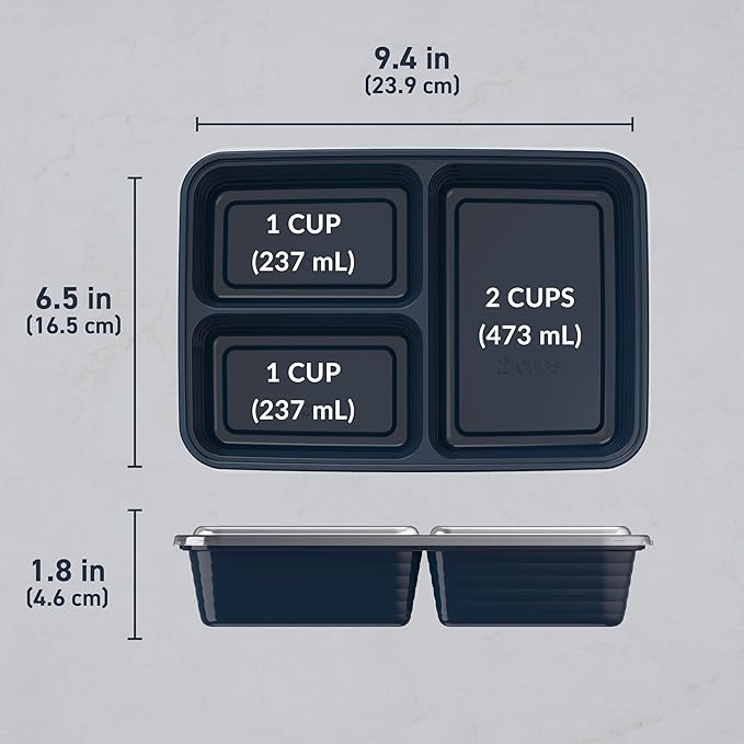 Bentgo Prep - 20-Piece 3-Compartment Reusable Meal Prep Containers with Lids, PFAS & BPA Free Materials, Durable, Microwave, Freezer, & Dishwasher Safe To Go Food Storage (Navy Blue)