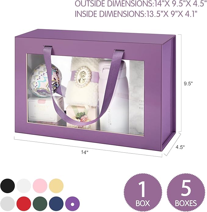 Large Purple Clear Gift Boxes, 13.5x9x4.1 Inches Gift Boxes with Windows by Handles, Bridesmaid Proposal Boxes, Collapsible Gift Boxes with Magnetic Closure (Glossy Purple, 5 Pack)