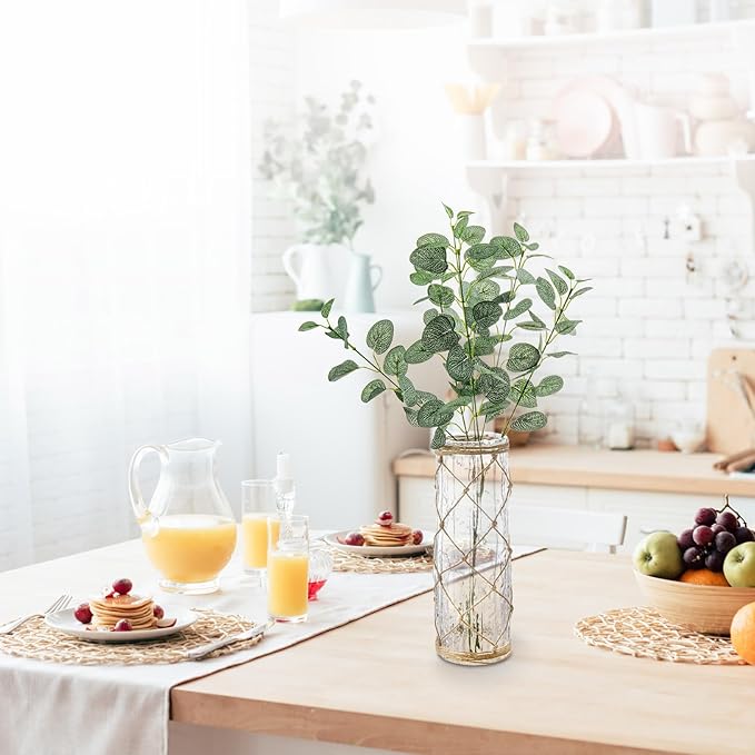 MyGift Rustic Clear Glass Vase with Hand-Woven Hemp Rope Wrap – Decorative Tabletop Flower Vase for Farmhouse, Boho, or Coastal Home Decor