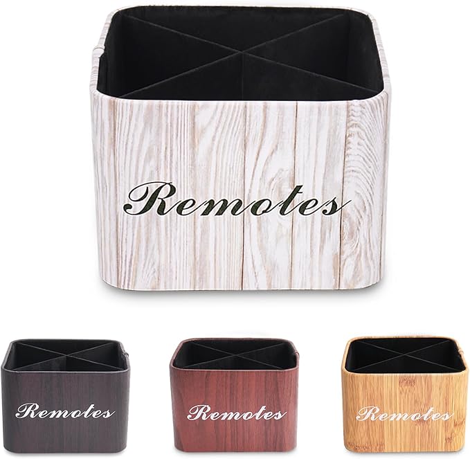 Hennaja Square Leather Art Supply Organizer,Remote Control Holder with Removable Dividers,360°Rotatable Pencil Holders,4 Compartments Organizer for Office Supplies Storage Box(1-Light Grey)