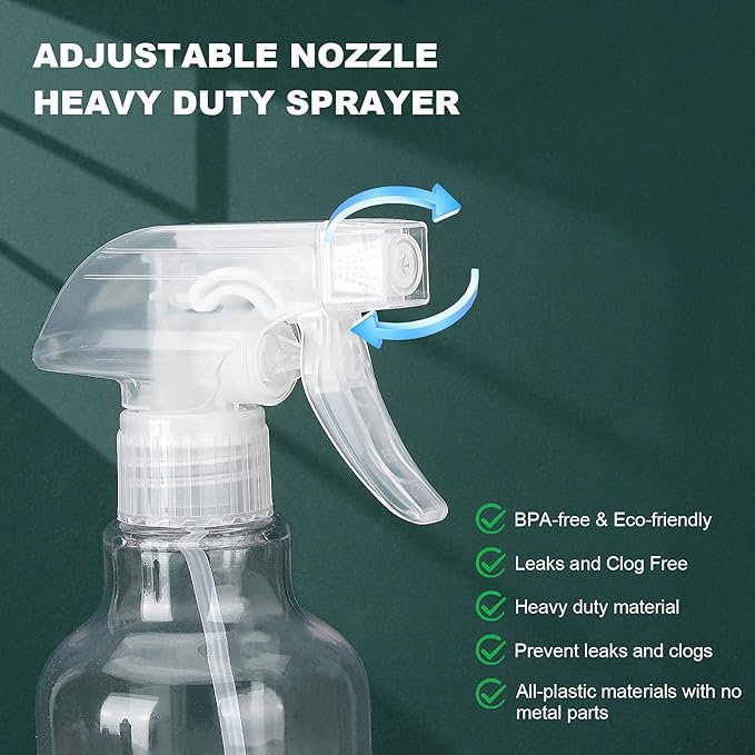 Spray Bottles Plastic Spray Bottle for Hair Mist/Stream Heavy Duty Empty Spray Bottles for Cleaning Solutions, Plants, Cooking (16.9oz-Clear+nozzle)