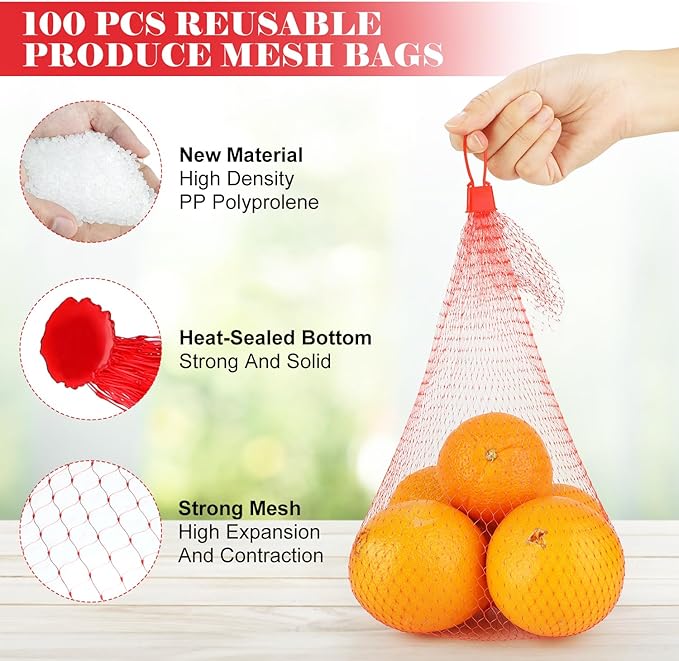 100 Pcs Reusable Mesh Produce Bags, 20 Inch Seafood Boil Bags for Crab with 100 Loop Closures, Onion Potato Storage Net Bag for Vegetables Fruits Seafood