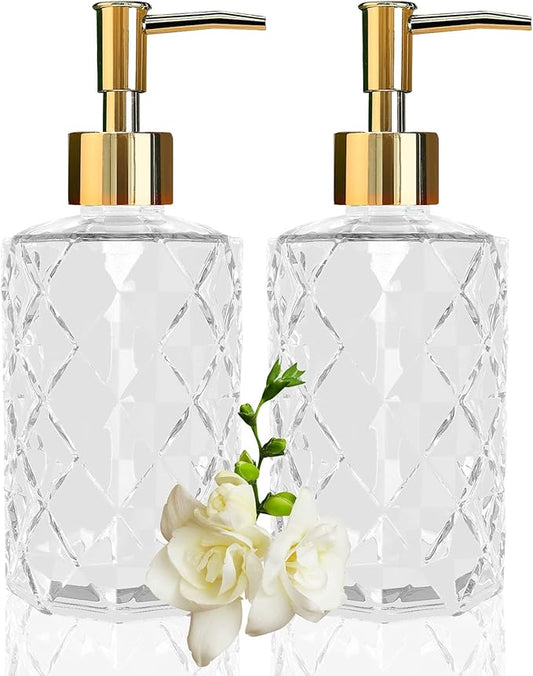 Clear Glass Soap Dispenser with Gold Plastic Pump, 2 Pack 12oz Diamond Hand Soap Dispenser, Refillable Lotion Dispenser & Dish Bathroom Dispenser for Liquid, Shower Gel