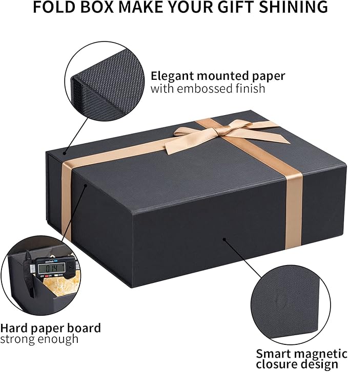 LIFELUM Black Gift Box 8 x 7 x 3 inch, Gift Box with lid Magnetic Closure Box Sturdy Box for Gift Includ Greeting Cards,Ribbon,Shredded Paper Filler for Presents (1 Pcs)