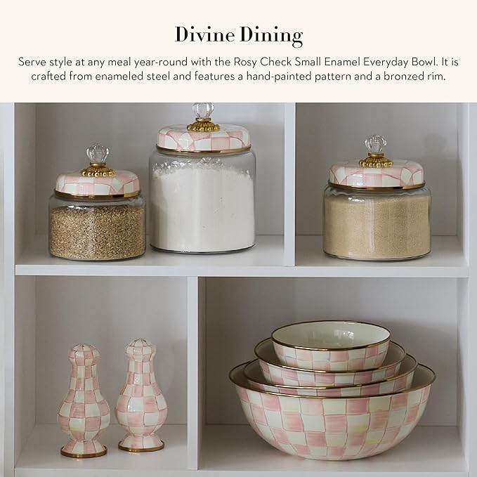 MACKENZIE-CHILDS Enamel Everyday Bowl, Serving Bowl for Entertaining, Small, Pink-and-White Rosy Check, Set of 1