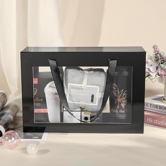 JINGUAN Large Black Clear Gift Boxes, 13.5x9x4.1 Inches, 5 Pack with Windows by Handles, Magnetic Closure, Suitable for Any Occasion