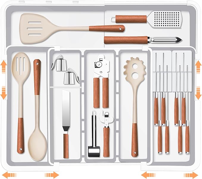 Kitchen Drawer Organizer Large Expandable Silverware Organizer, Utensil Holder and Flatware Tray, Kitchen Spatula Tools and Gadgets Storage with Removable Knife Blocks and 3 Dividers, White