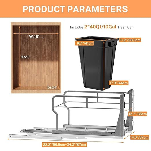 YJHome Pull Out Trash Can Under Cabinet with 2 * 10Gal Garbage, Cabinet Trash Can Pull Out Kit with Soft-Close Slides, Under Sink Trash Can with Door Mounting Kit for Minimum Opening 18" W