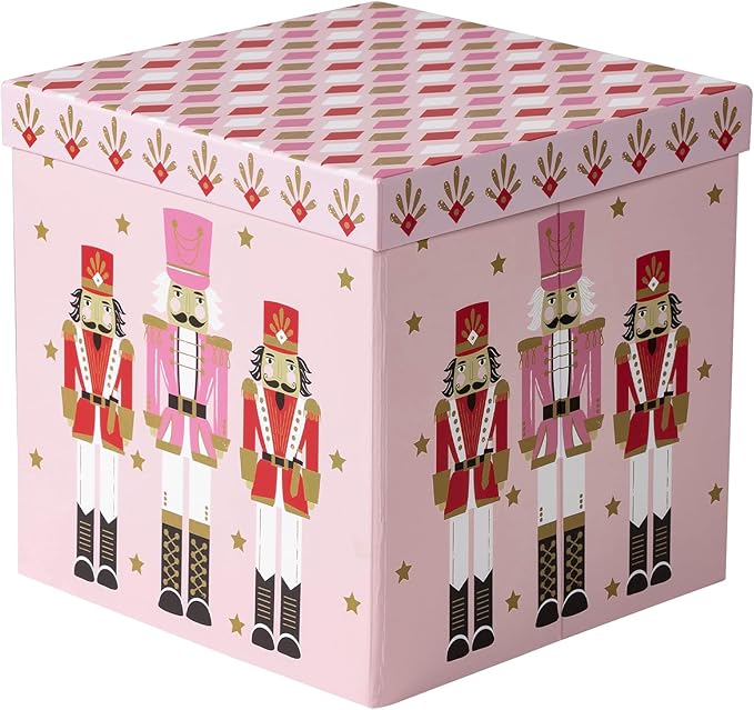 RUSPEPA Christmas Gift Box with Lid, Pink Nutcracker Soldier Design and Diamond Pattern Lid, Medium Collapsible Box with Ribbon, Tissue Paper for Girls, Gift Wrap, Candy Storage, 9x9x9 Inches, 1 Pcs